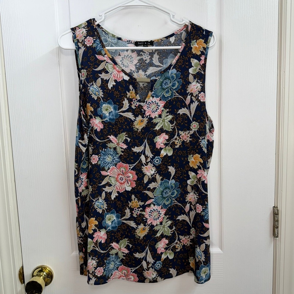 Sami‎ & Jo blue floral scoop neck sleeveless lightweight tank top blouse large
